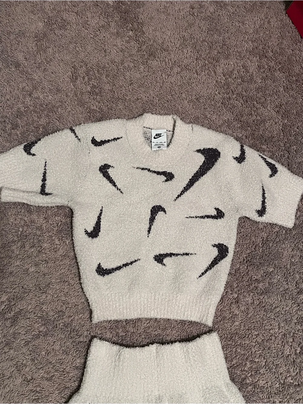 Nike Sportswear Phoenix Cozy Cream Wide-Leg Pants with Black Swoosh Print-XS
